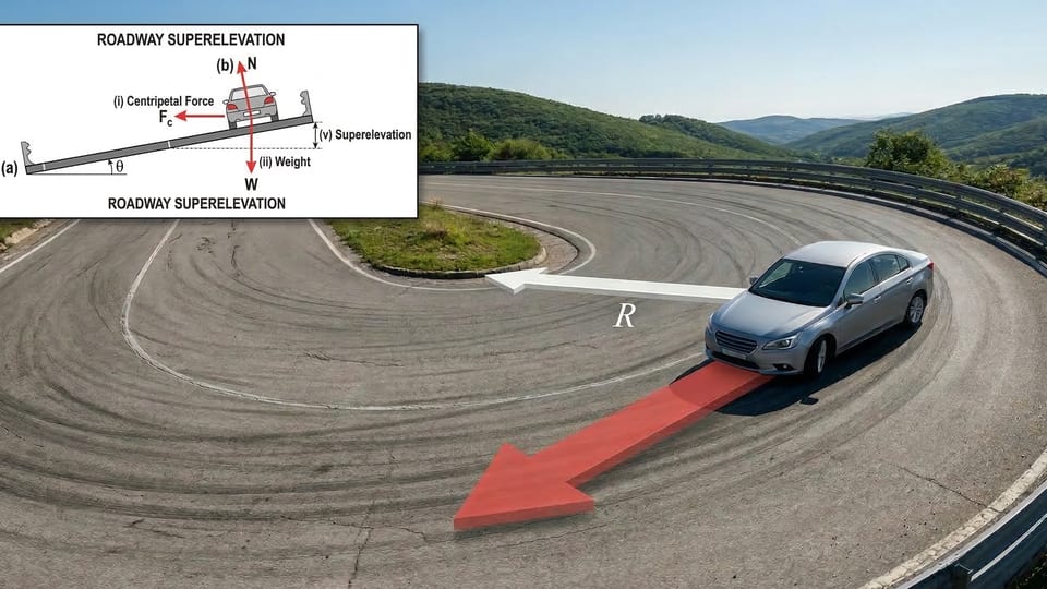 A car on a tight horizontal curve with its radius marked