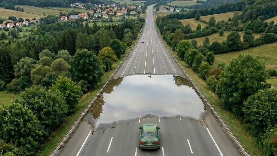 Standing water across a flat section of highway