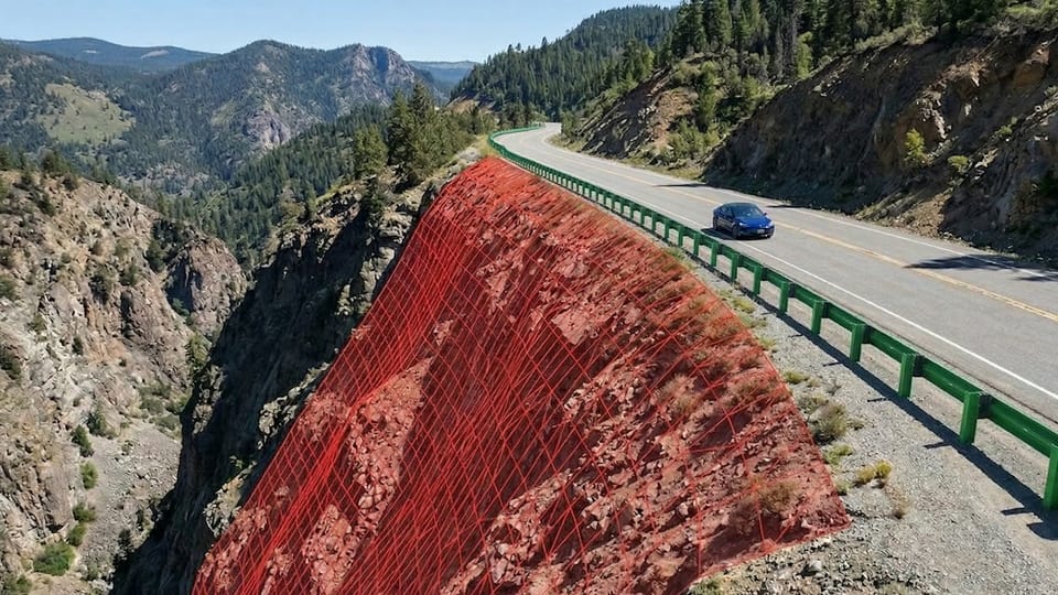 A steep embankment beside a mountain road, highlighted in red