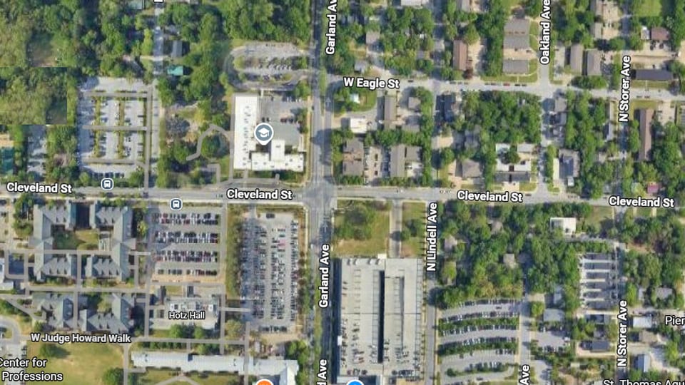 Aerial view of the Garland Avenue and Cleveland Street intersection on the University of Arkansas campus
