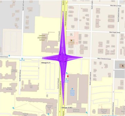 Map of the Garland Avenue and Cleveland Street intersection with the analyzed sight-distance movements drawn in purple
