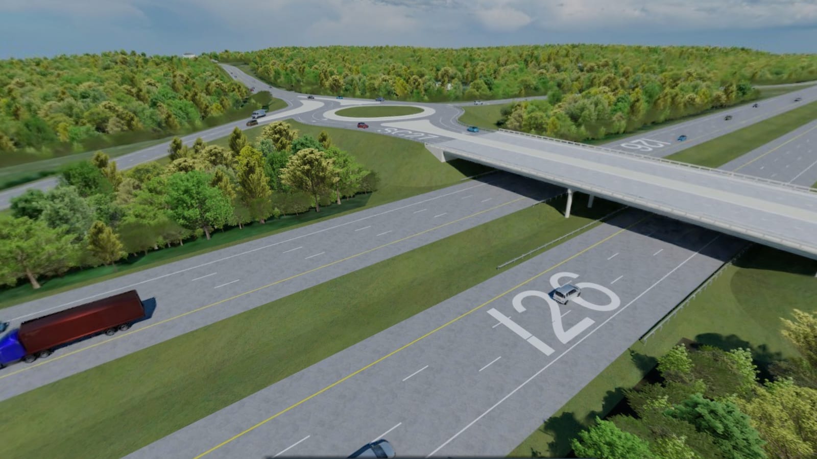I-26 / SC-27 Interchange 3D model, drone-level view