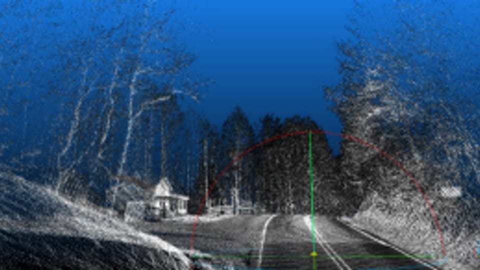 LiDAR point cloud of a rural Kentucky road lined with trees, seen from the driver's position