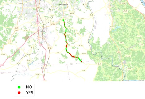 Map of the analyzed road in Kentucky, drawn in green, with the guardrail warrant segments marked in red
