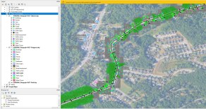 RSA 3D screenshot of a clear-zone analysis, with classified roadside objects along the road