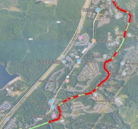 Aerial map of the Telegraph Road corridor, with the analyzed road marked in red and green