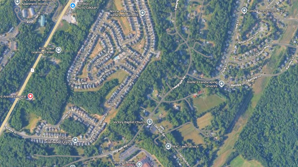 Aerial view of Telegraph Road winding through Stafford County, Virginia