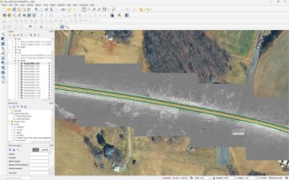 Screenshot of a LiDAR-derived road surface laid over aerial imagery along a study corridor