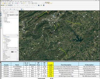 Screenshot of the study corridors on an aerial map, with a table of the measured routes, their lanes, mileposts and lengths below it