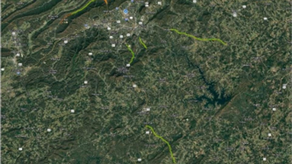 Aerial view of rural southwest Virginia with the study corridors highlighted in green