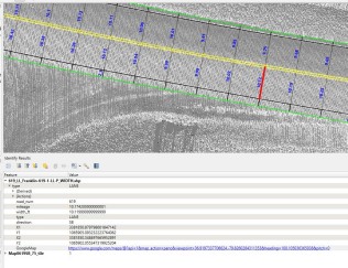 Screenshot of a LiDAR road surface crossed by measurement lines every 10 feet, with the lane and shoulder edges marked and one measurement selected