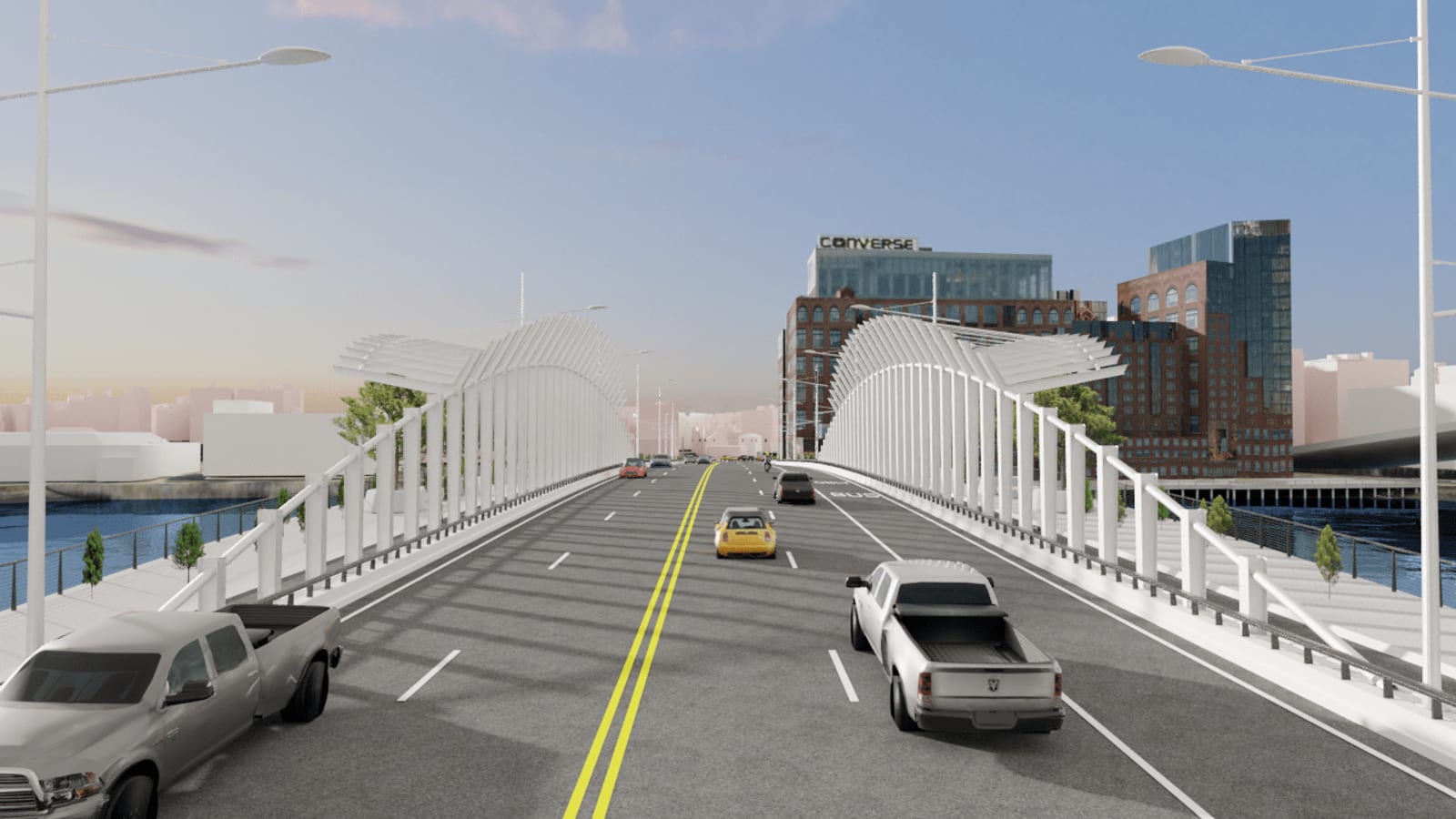 A photoreal view along a proposed roadway at sunrise