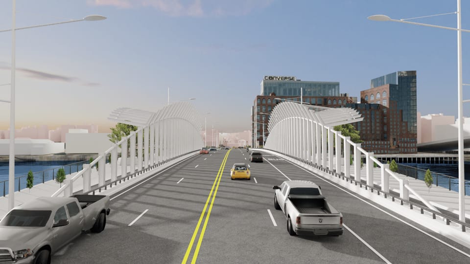A photorealistic view along a proposed bridge at sunrise, with traffic in both directions