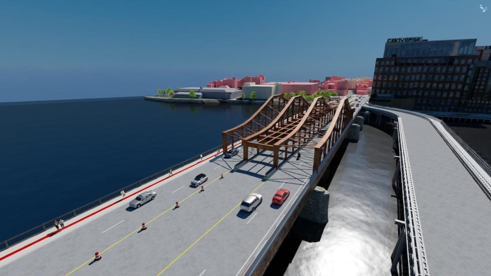 A photorealistic rendering of a construction staging phase