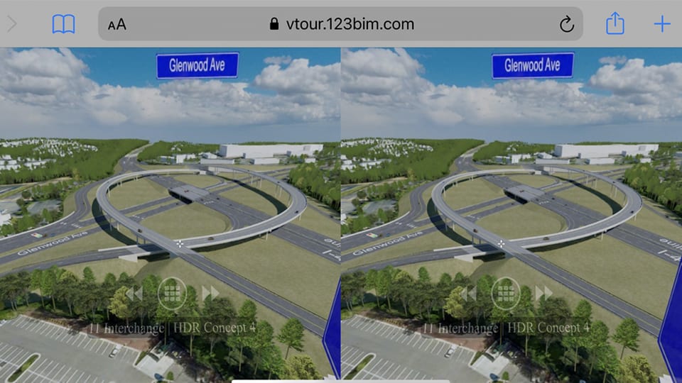 The virtual tour of an interchange rendered once for each eye, as a VR headset shows it