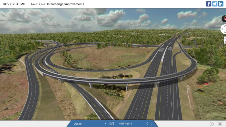 A virtual tour stop at a proposed interchange, with the viewpoints along the bottom