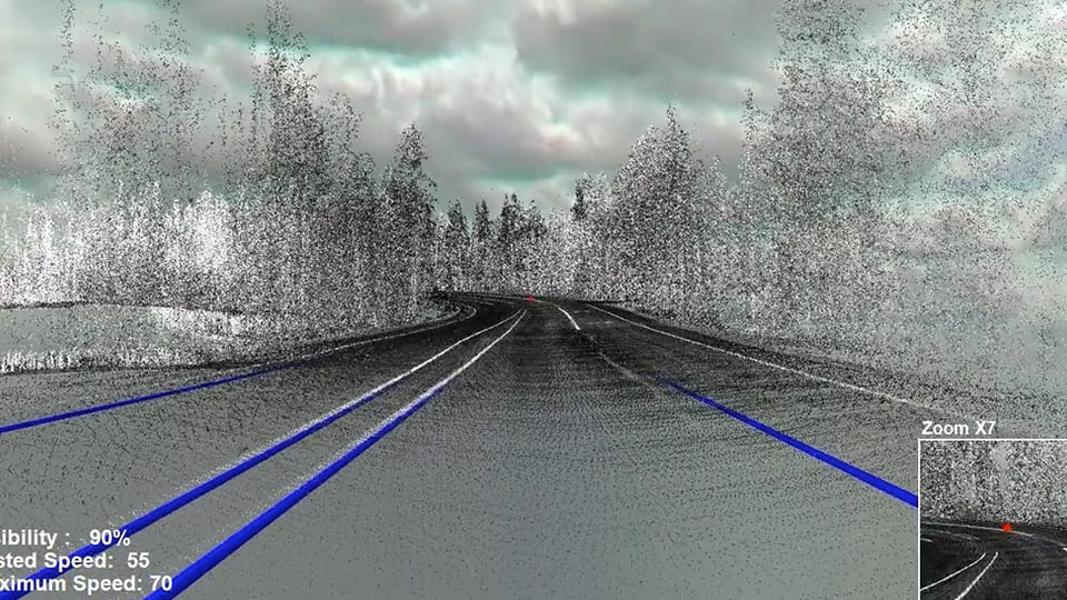 A LiDAR scan of an existing road, with its lane lines traced and the visibility measured