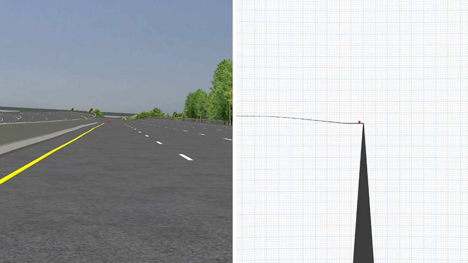 Sight distance analysis rendered over a 3D model of a rural road
